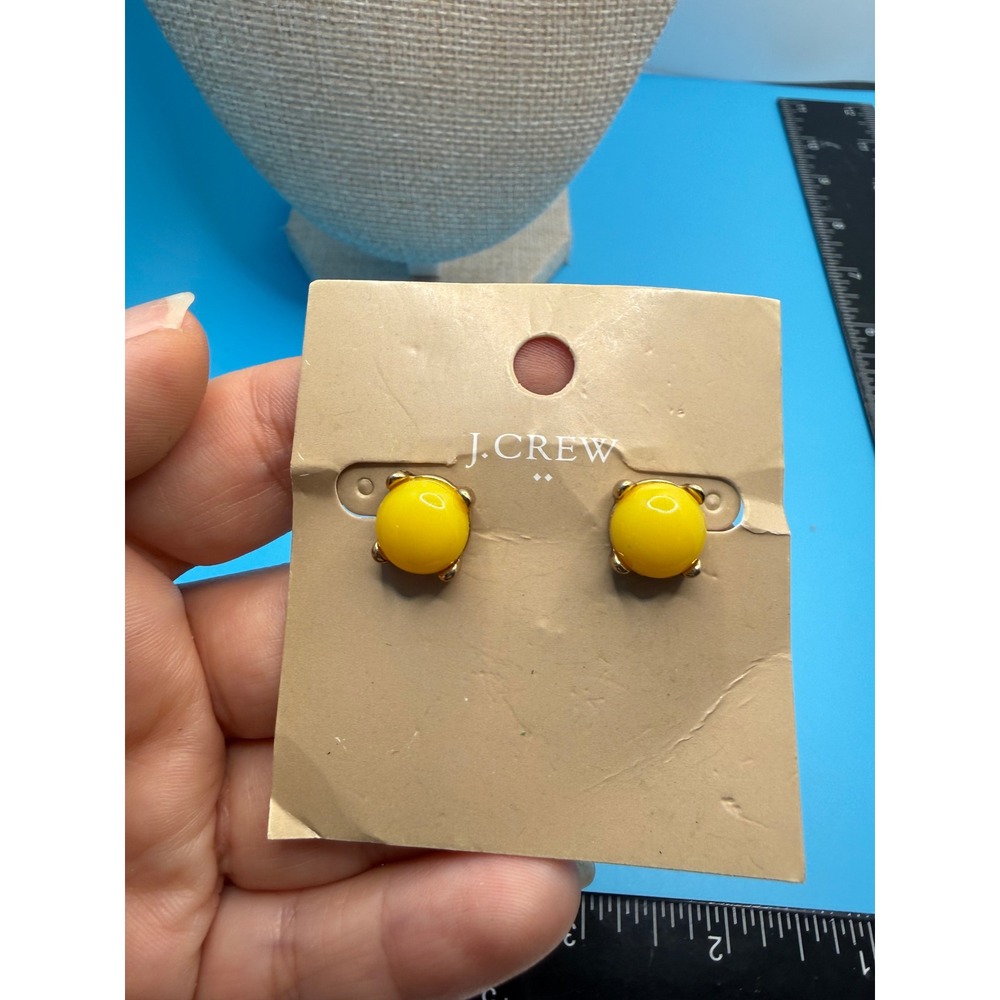 J Crew Yellow Cabochon Stud Earrings Gold Tone Round Classic Minimalist NWT
